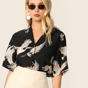 Crane Print Collared Shirt